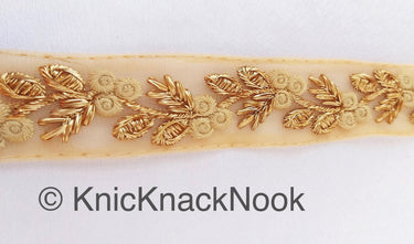 Beige Net Lace Trim With Beautiful Red / Beige And Gold Floral Embroidery, Embroidered Lace, Approx. 30mm wide